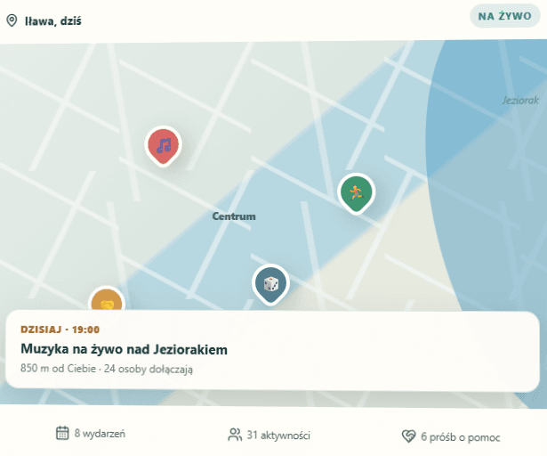 TakBlisko app screenshot showing a live map with nearby events